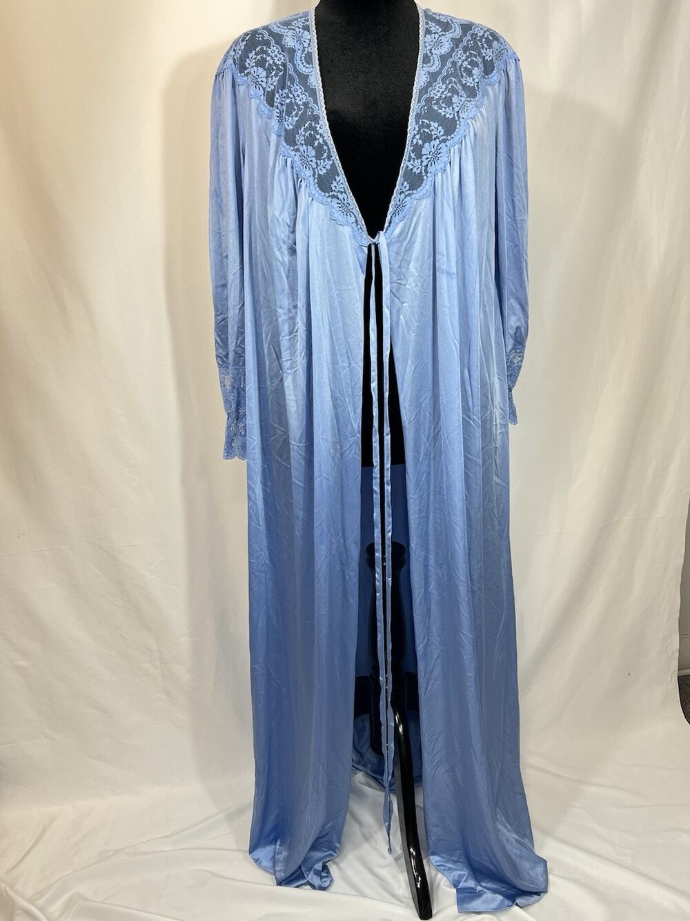 Vtg Gilbar Blue Nylon Lace Long Robe Peignoir Medium USA Made 3045